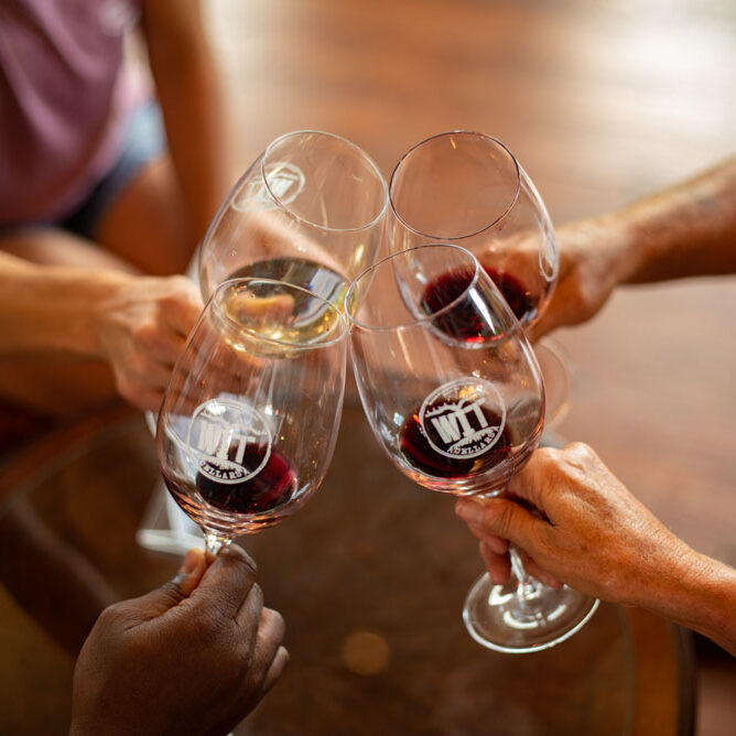 Four wine glasses clinking in celebration.