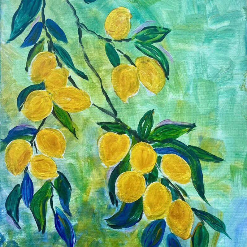 Colorful painting of lemons on branches