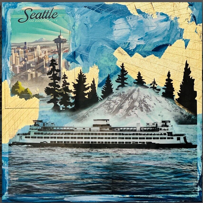 Seattle scenic collage with ferry and skyline