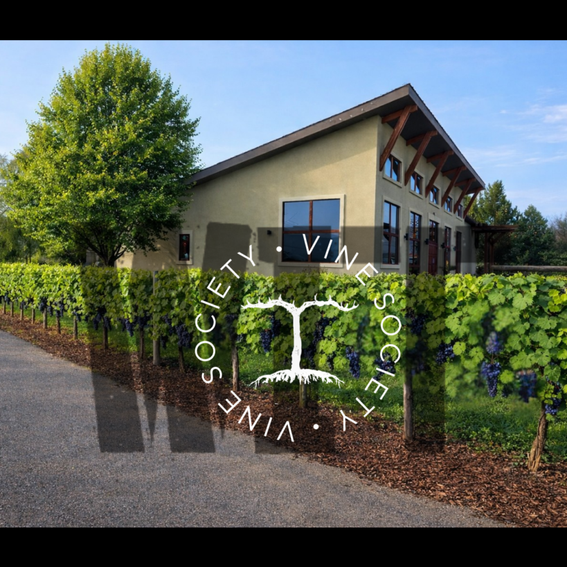 Vineyard with modern building and logo overlay