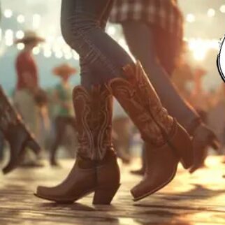 People line dancing in cowboy boots.
