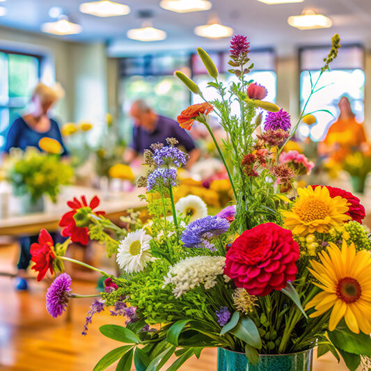 Colorful flower arrangement workshop with participants.