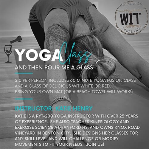 Yoga class promotion with wine at WIT Cellars.